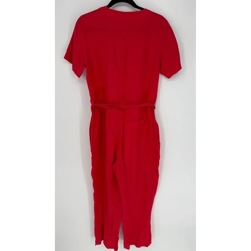EVERLANE LINEN SHORT SLEEVE JUMPSUIT RED SIZE 2‎ BELTED LOOSE FIT 100% LINEN